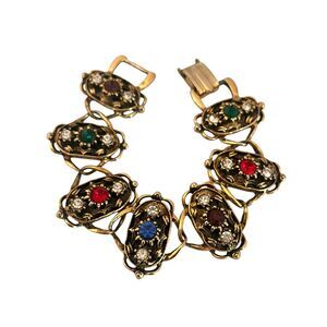 Vintage 1960s Bracelet Multicolor Rhinestone Gold Tone Ornate Link - 5N